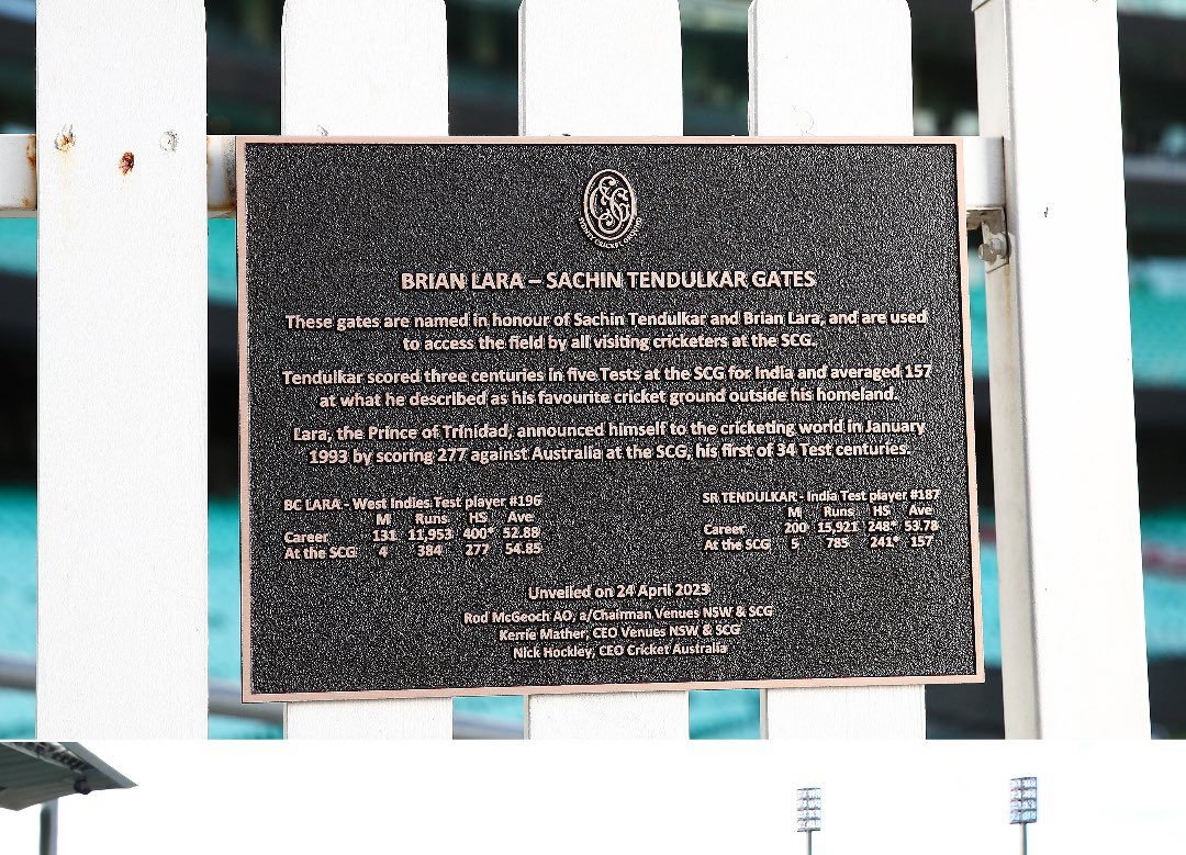 Cricket icons Tendulkar and Lara get their own gates at Sydney Cricket Ground