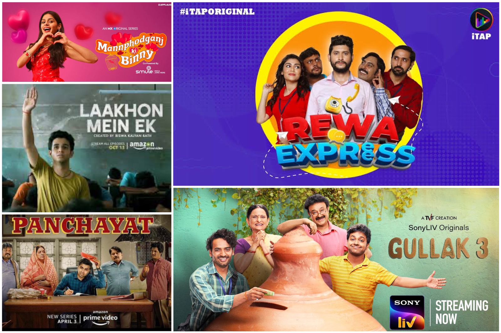  'Rewa Express', 'Panchayat', 'Mannphodganj Ki Binny', 'Gullak', and 'Laakhon Mein Ek'  bring alive the quirks of small towns