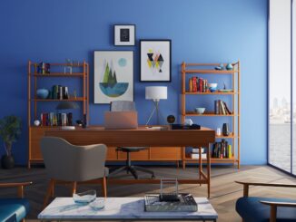 Brown Wooden Desk With Rolling Chair and Shelves Near Window