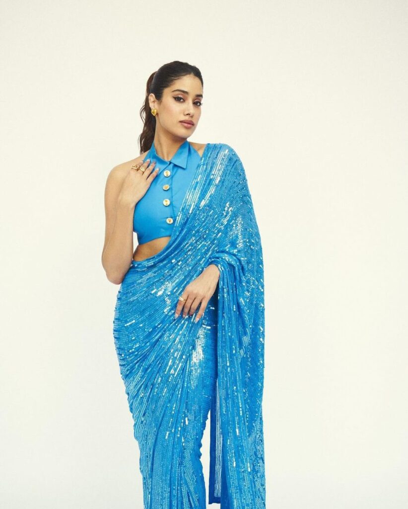 Janhvi Kapoor Shines in a Sky Blue Sequin Sare  