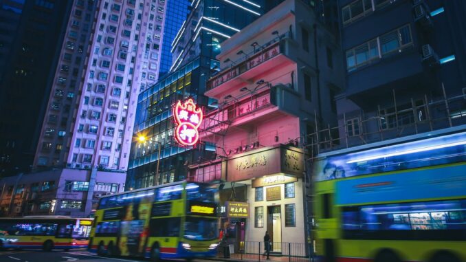 Buildings in Downtown Hong Kong at Night