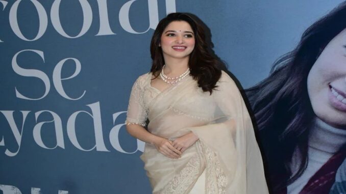 Tamannaah Bhatia Stuns in Ivory Organza Saree for 'Vedaa' Promotions