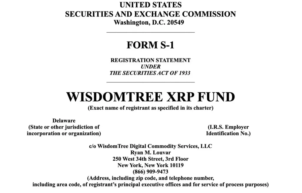 WisdomTree XRP Fund Files Form S-1 with SEC