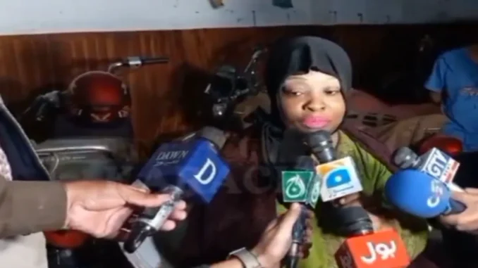 US national woman denies talking to any media or person, demands land and money in Pakistan.