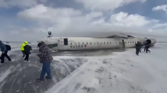 Delta Airlines flight incident, Toronto runway mishap, plane flips upside down, snowy runway accidents, passenger safety on flights, aviation emergency response.