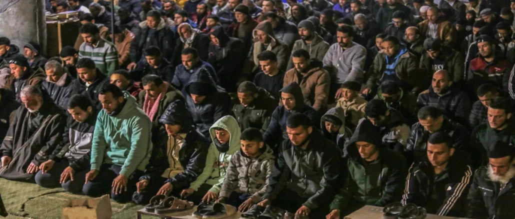 Tarawih Prayer of Ramadan Held on the Ruins of Al-Lebbani Mosque in Gaza