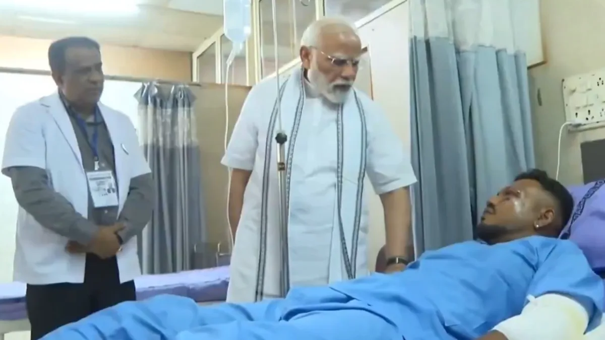 PM Modi meets the lone survivor of Air India crash and other injured Students in Ahmedabad.-