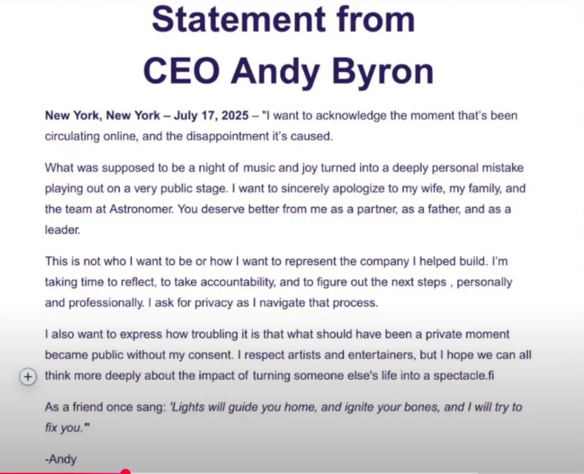 Coldplay's Chris Martin accidentally exposes astronomer CEO Andy Byron having an affair with his HR chief Kristin Cabot.
