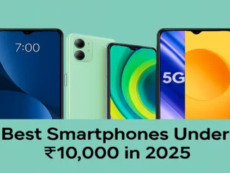 Best smartphones under ₹10,000 in 2025 – four budget phones displayed against a teal background with bold title text, for comparison article.