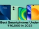 Best smartphones under ₹10,000 in 2025 – four budget phones displayed against a teal background with bold title text, for comparison article.