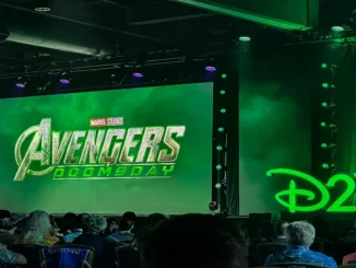 Leaked "Avengers: Doomsday" trailer image from D23 event showing Marvel heroe
