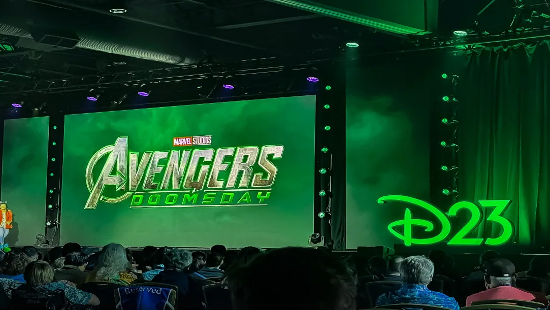 Leaked "Avengers: Doomsday" trailer image from D23 event showing Marvel heroe