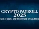 Crypto Payroll 2025 feature image with global map, blockchain visuals, and bold editorial headline