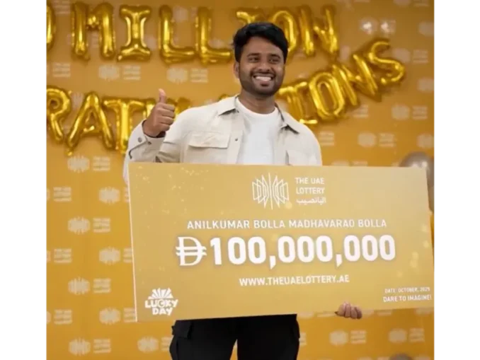 Anil Kumar celebrating Rs. 240 crore UAE lottery win