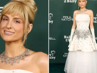 Meghan Trainor wearing a white ballgown at the Baby2Baby Gala after her Mounjaro weight loss journey.