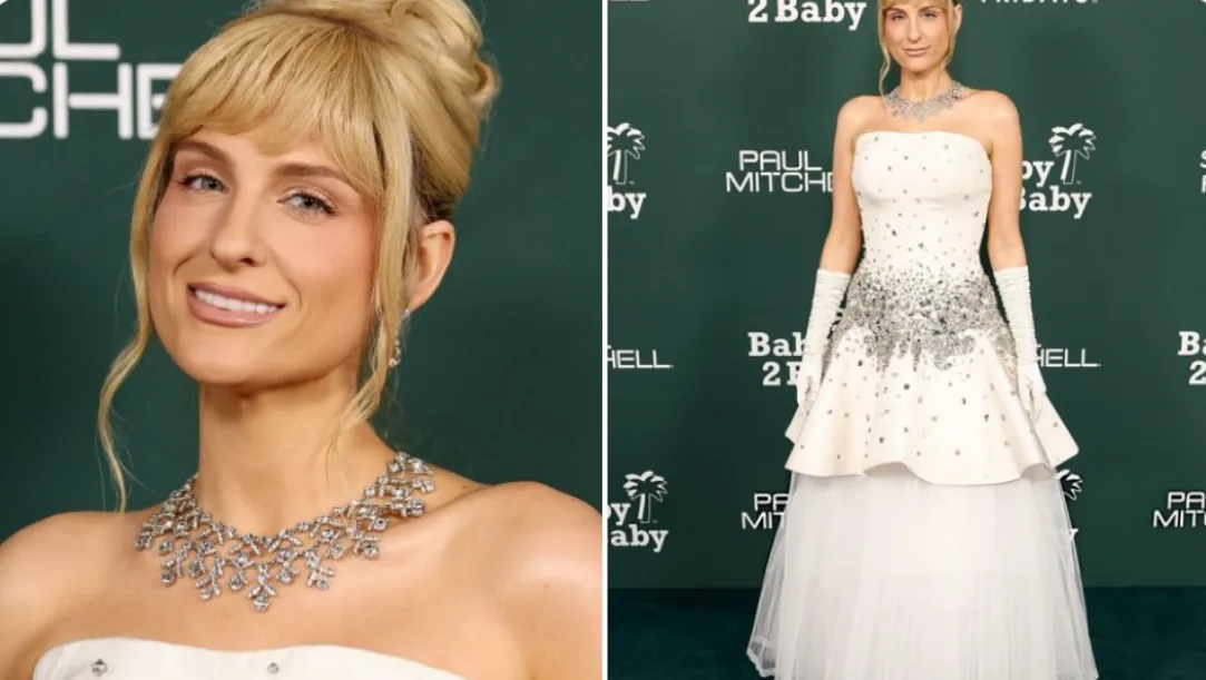 Meghan Trainor wearing a white ballgown at the Baby2Baby Gala after her Mounjaro weight loss journey.