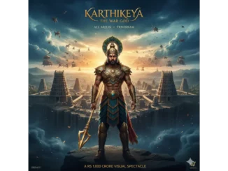 Allu Arjun as Lord Karthikeya in a high-budget mythological setting.