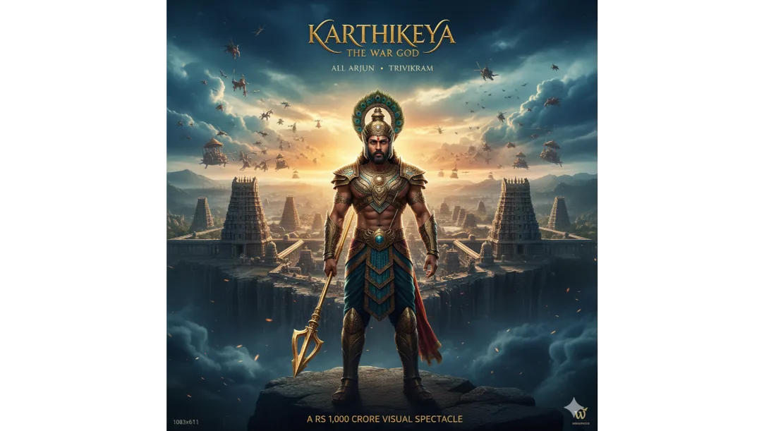 Allu Arjun as Lord Karthikeya in a high-budget mythological setting.
