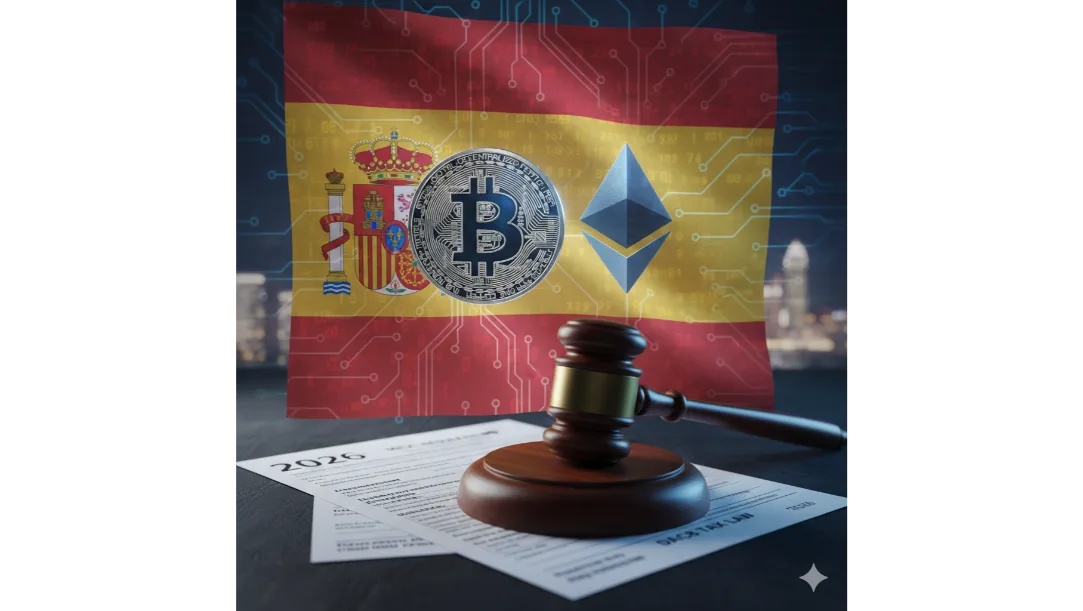 Digital representation of Spanish flag with cryptocurrency symbols and regulatory documents.