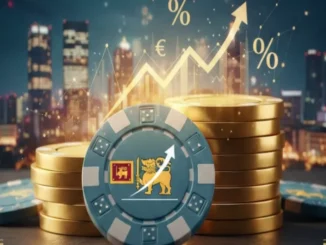 A casino chip with a Sri Lankan flag design and rising financial charts.