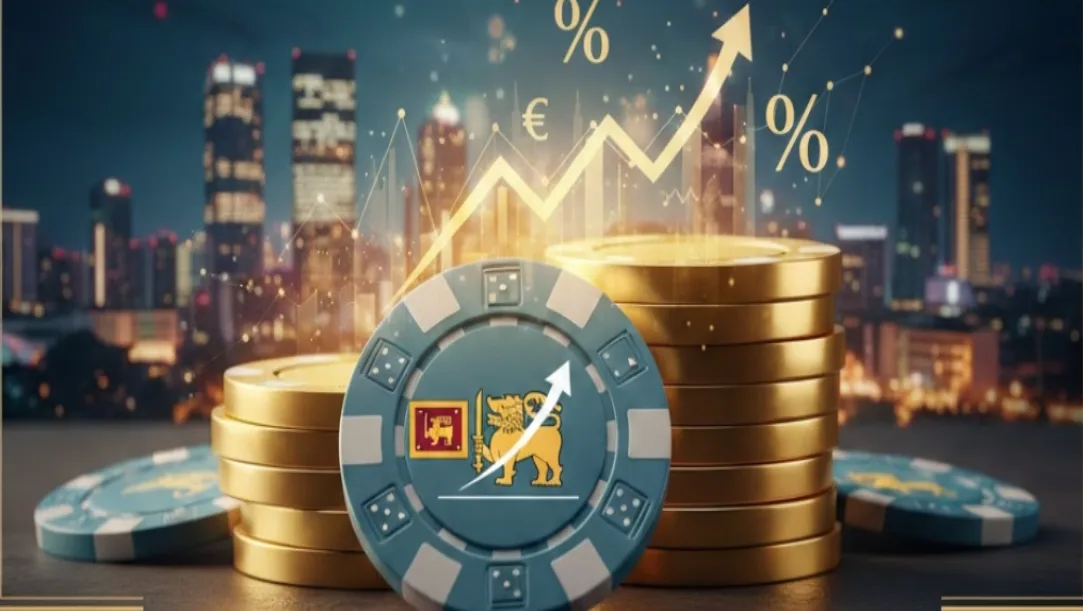 A casino chip with a Sri Lankan flag design and rising financial charts.