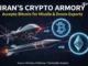A digital representation of a Shahed drone and a ballistic missile overlaid with cryptocurrency symbols like Bitcoin and Ethereum
