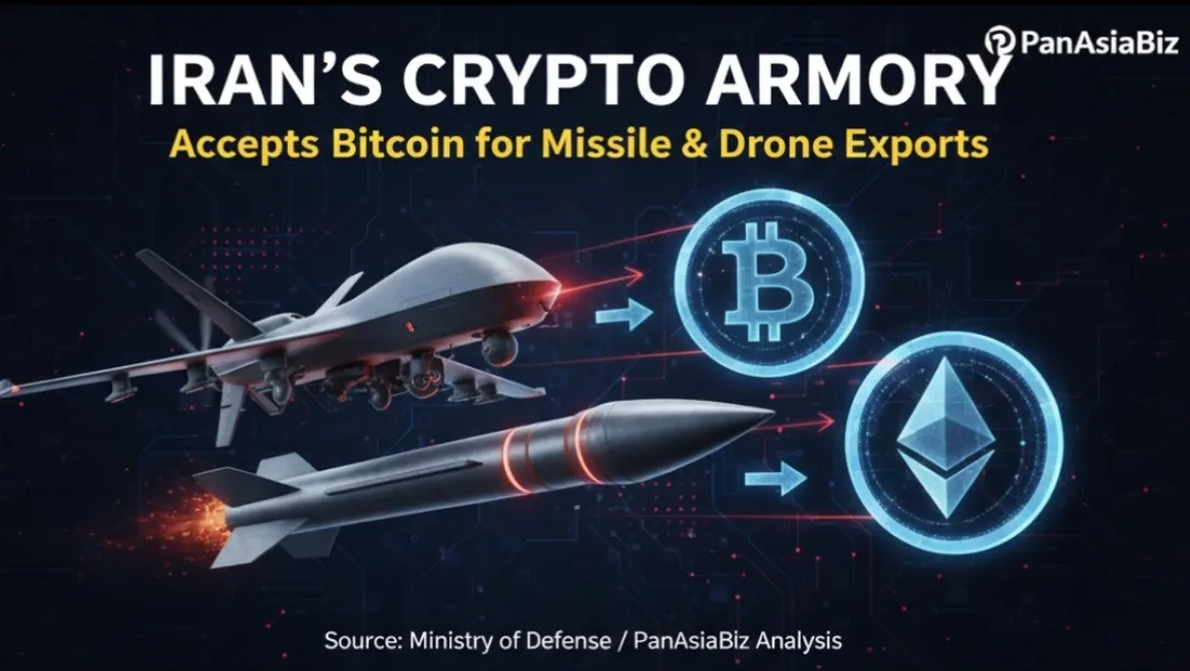 A digital representation of a Shahed drone and a ballistic missile overlaid with cryptocurrency symbols like Bitcoin and Ethereum