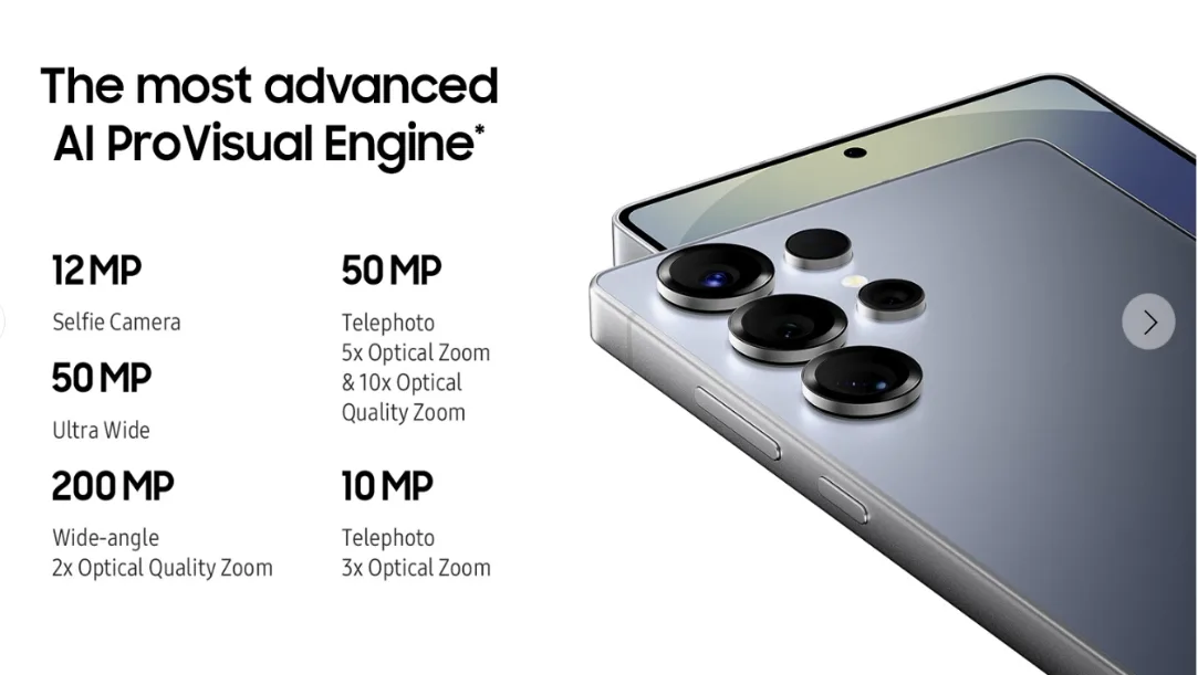 A high-resolution marketing render of the Samsung Galaxy S26 Ultra showcasing its new camera array and sleek edges next to a promotional offer text.