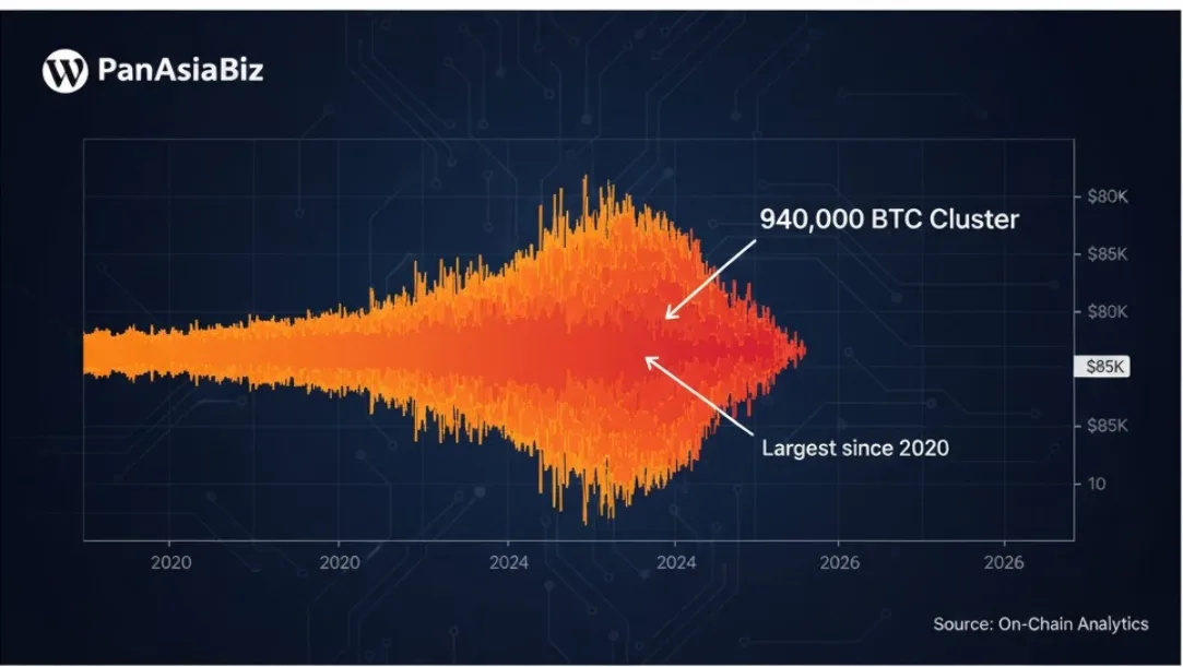 Bitcoin cost basis distribution heatmap showing a large volume cluster at the $84,000 price level.