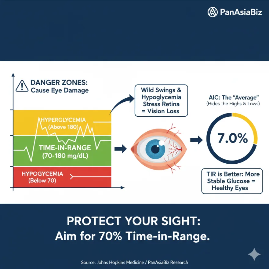 Medical diagram of a human eye highlighting the retina and blood vessels affected by blood sugar fluctuationsMedical diagram of a human eye highlighting the retina and blood vessels affected by blood sugar fluctuations