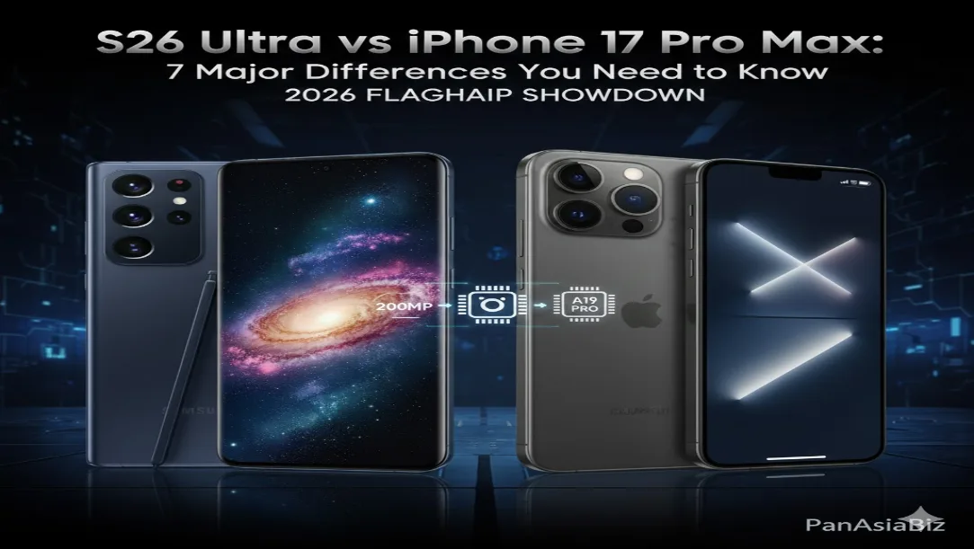 Side-by-side comparison of the Samsung Galaxy S26 Ultra and iPhone 17 Pro Max.