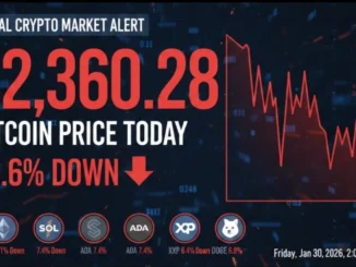 Bitcoin price chart showing a 6.6% drop to $82,360.28 on a digital screen.