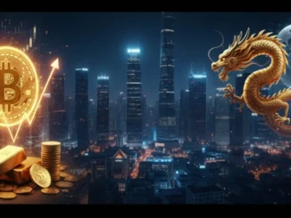 Bitcoin coin on a gold background with a rising financial chart