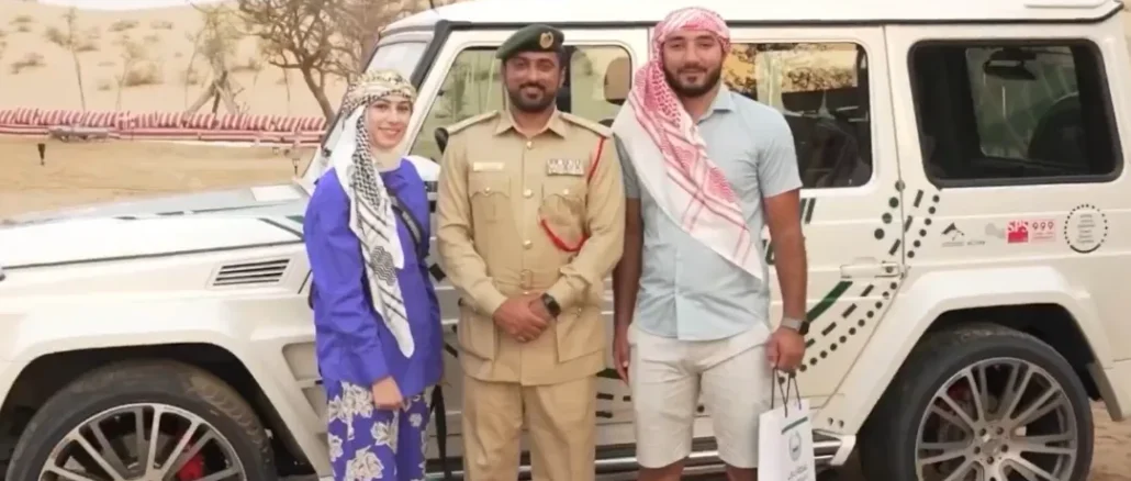 A futuristic digital dashboard showing Dubai Police integrated services and a digital twin map.