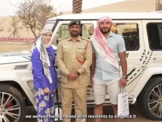 A futuristic digital dashboard showing Dubai Police integrated services and a digital twin map.