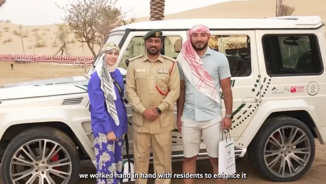 A futuristic digital dashboard showing Dubai Police integrated services and a digital twin map.