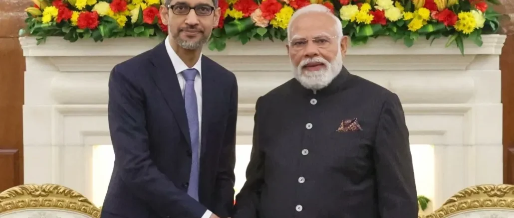 Sundar Pichai speaking about India's AI trajectory at a global summit.