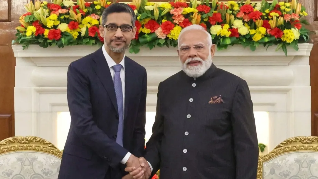 Sundar Pichai speaking about India's AI trajectory at a global summit.