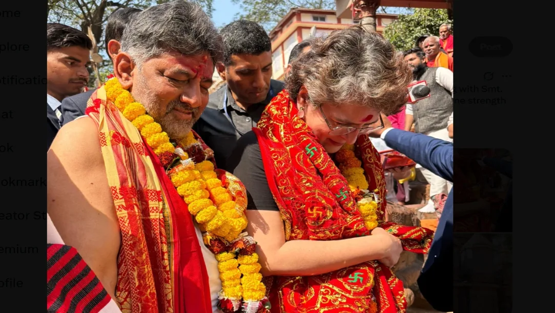 DK Shivakumar and Priyanka Gandhi offering prayers at Kamakhya Temple.