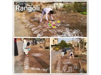 HDMC officials standing near a Rangoli-decorated clean spot in Hubballi.