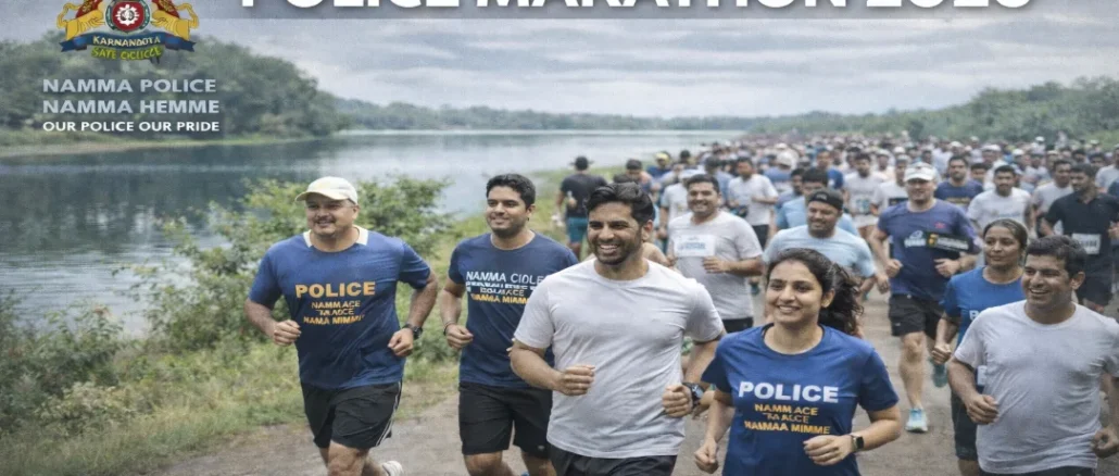 Promotional poster for the "Namma Police Namma Hemme" marathon 2026 starting from Tholankere, Hubballi.