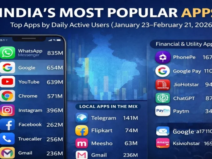 Bar chart showing top 35 apps by daily active users in India featuring WhatsApp, Google, and YouTube.