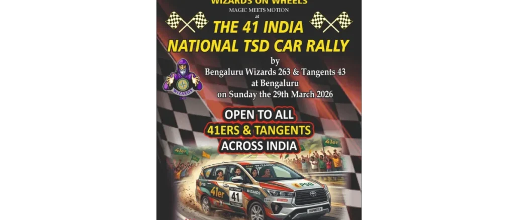 Official poster for The 41 India National TSD Car Rally in Bengaluru.