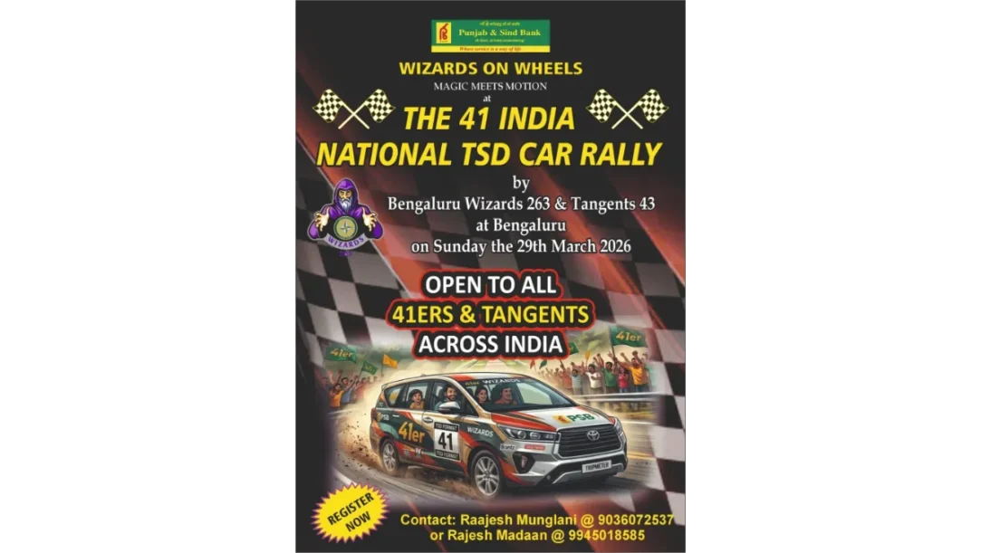 Official poster for The 41 India National TSD Car Rally in Bengaluru.