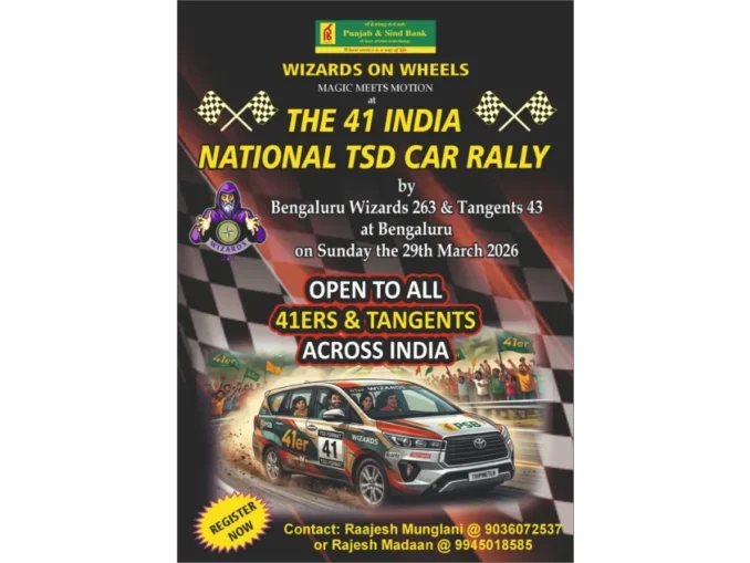 Official poster for The 41 India National TSD Car Rally in Bengaluru.