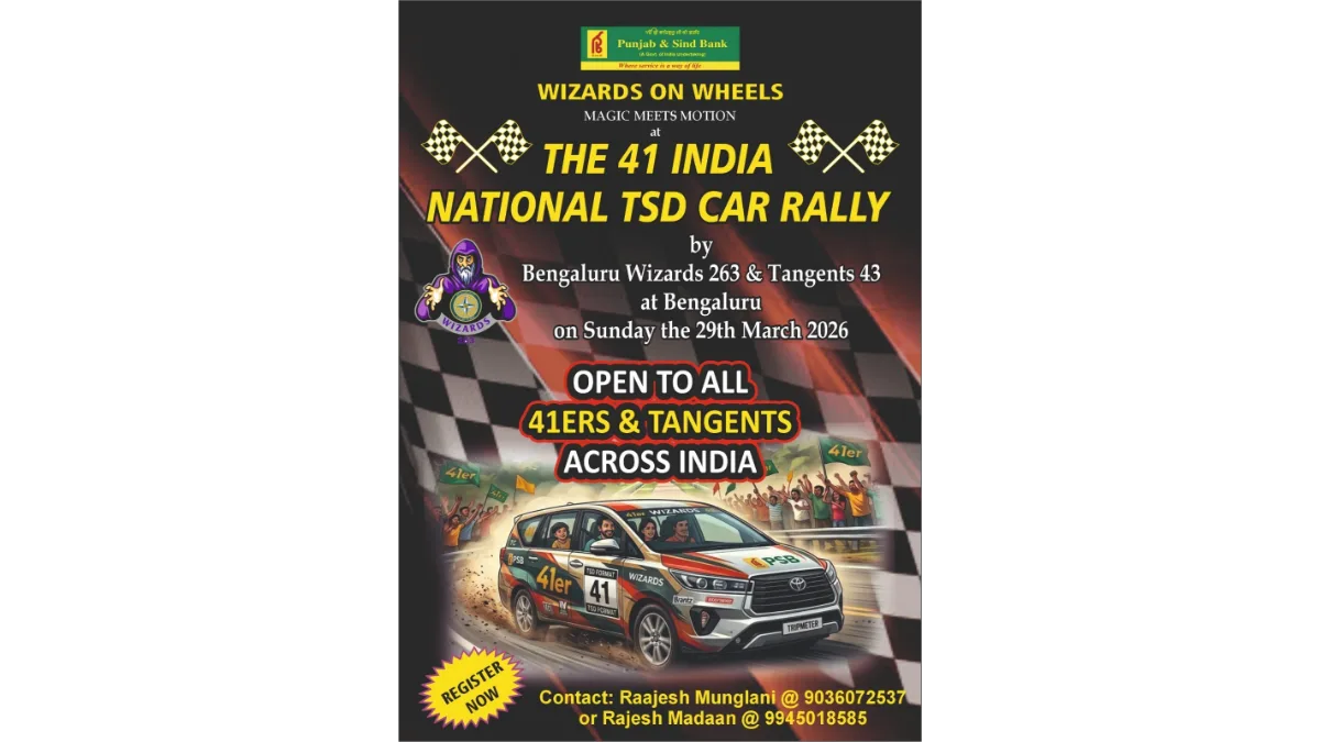 Official poster for The 41 India National TSD Car Rally in Bengaluru.