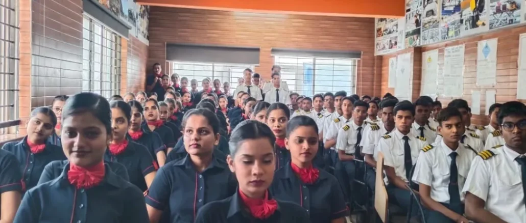 Students attending awareness program on POCSO, NDPS, traffic rules, and cyber security at Vision Fly Training Institute Hubli