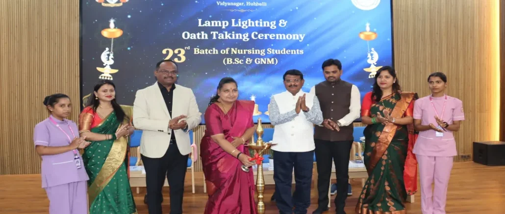 Nursing students at KLE Institute Hubballi during Lamp Lighting ceremony