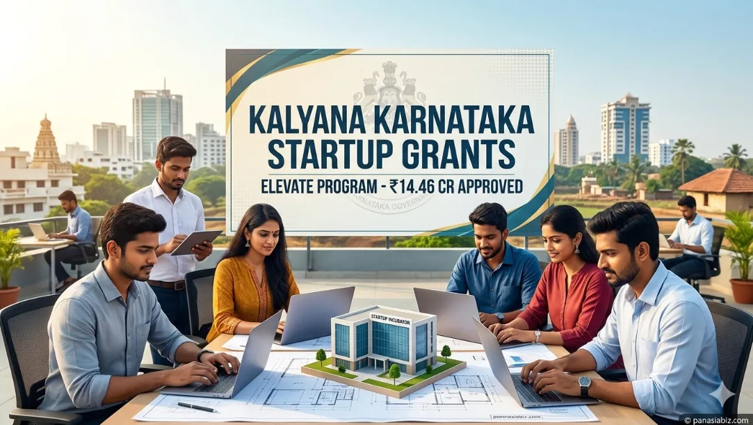 Young entrepreneurs in Karnataka receiving startup funding documents under the ELEVATE scheme.