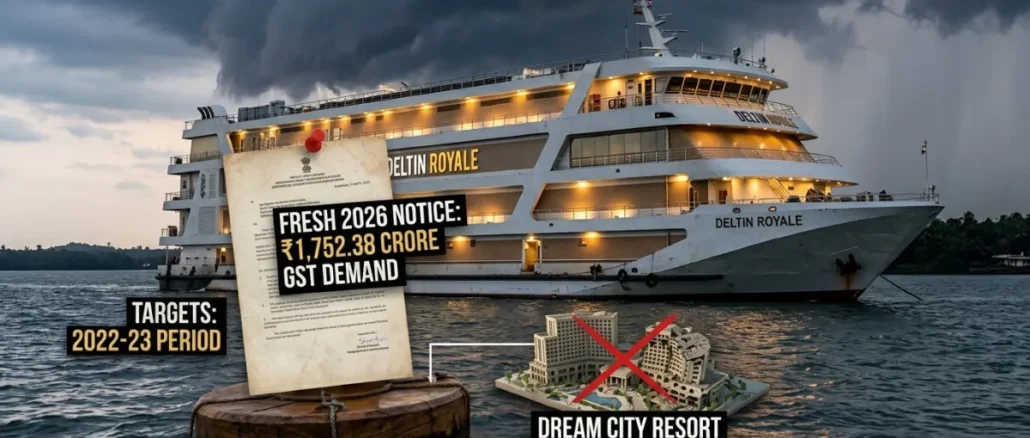 The Delta Corp Deltin Royale casino boat on the Mandovi River with a financial crisis overlay.